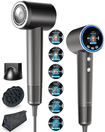 Image of GlamAura High Speed Hair Dryer, 110k RPM Smart LED Display Blow Dryer, Child & Pet Mode, 3.6B Plasma Ionic Anti-Frizz Hairdryer with Diffuser, Nozzle & Bag, Cool Shot, Quiet Fast Drying & Heat Control