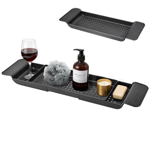 Image of YORKING Adjustable Bath Tub Rack Bathroom Shelf Tidy Tray Storage Caddy Organiser Useful Shelf Wine Soap Holder Rack (Black)