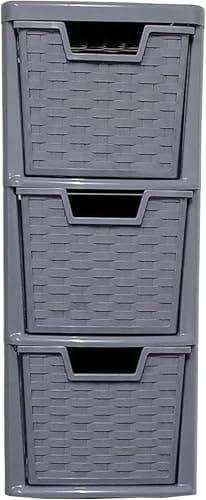 Image of ELMORA'Z 3 Drawer Plastic Storage Organizer Medium For home Office Desktop Table Tower Unit Small Chest Of Drawer 3 Tier A 5 Clear Height 47cm Depth 25cm Width 19cm (Rattan Grey)