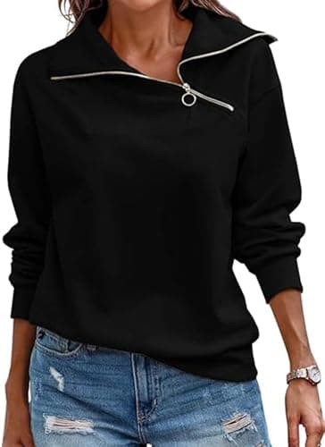 Image of Cuptacc Sweatshirts for Women Jumpers Ladies Tops Long Sleeve Quarter Zip Jumper Stand Up Lapel Collar Thermal Pullover Black, Large L 16-18