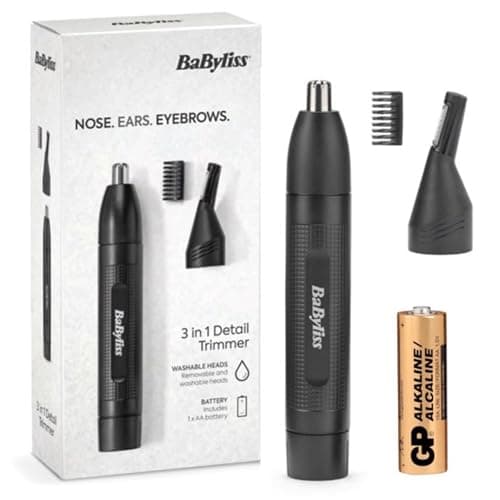 Image of BaByliss 3-in-1 Hair Trimmer for Men, Eyebrow, Ear & Nose Trimmer, Grooming Kit with 2 Attachments, 2 Eyebrow Comb Guides, Battery-Powered, E652U
