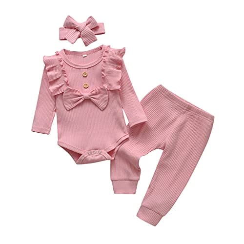 Image of Kumsolu Baby Girl Clothes Ruffled Sleeve Tops Pants Infant 3-Piece Outfit Set 0 Months