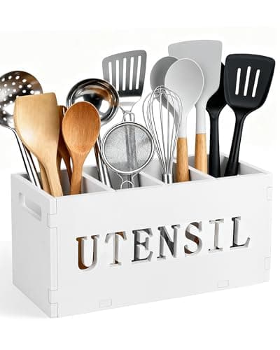 Image of Kitchen Utensils Holder, Cooking Utensil Organizer with 4 Compartment,Waterproof Large Capacity Flatware Organizer, Storage Box for Caddy Cooking Tool, Cooking Utensil Organizer for Countertop, White.