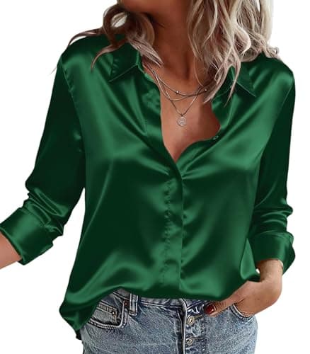 Image of Zeagoo Womens Blouse Satin Shirt V Neck Long Sleeve Casual Solid Shirts Button Down Blouses Business Office Work Tops Green XL