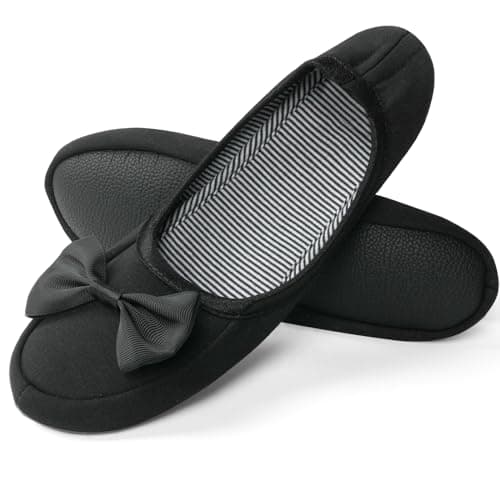 Image of OFFCUP Ladies' Ballerina Slippers, 6.5UK-7UK House Shoes, Loafer Slippers with Elegant Bow and Memory Foam Cosy Lightweight House Shoes with Anti-Slip Soft Rubber Sole (Black)