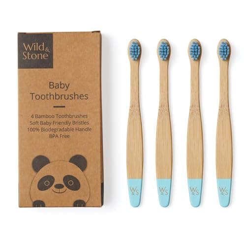Image of Wild & Stone Organic Baby Bamboo Toothbrush | 4 Pack | Soft Fibre Bristles | 100% Biodegradable Handle | BPA Free | Vegan Eco Friendly Baby Toothbrushes (Baby Blue)