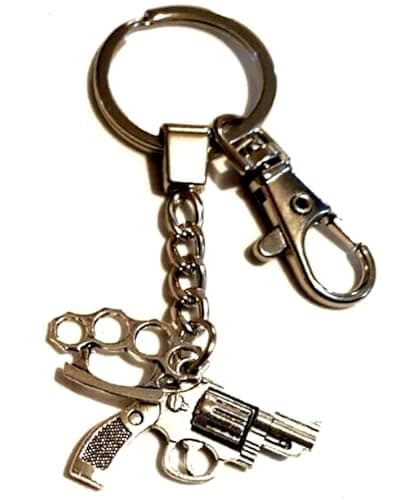 Image of Handgun & Knuckle Duster Keychain, Gun and Knuckleduster Keyring, Weapons Bag Charm, Gangsta' Keychain, Soldier Keyring