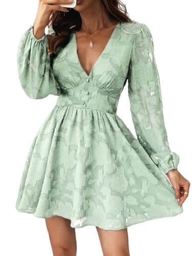 Image of CUPSHE Women's Lace Mini Dress Long Sleeve Floral Print A Line Dress for Party Bodycon Dress Light Green M