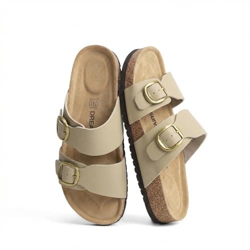 Image of DREAM PAIRS Women's Slides Soft Genuine Footbed Sandals Comfortable Adjustable Double Buckle Slip-on Flat Sandals with Arch Support Frame Dual Slippers for Summer 2026,Size 6,Taupe,SDSS26004W