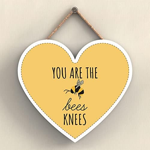 Image of Global Designs You Are The Bees Knees Yellow Bee Themed Decorative Wooden Heart Shaped Hanging Plaque