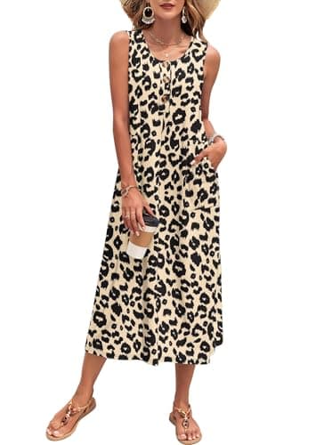 Image of PLOKNRD Women's Summer Maxi Dress 2026 Sleeveless Button Down Casual Loose Beach Sundress Travel Vacation Outfits(Leopard,L)