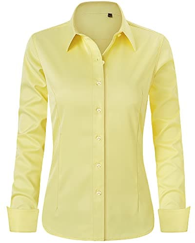 Image of J.VER Womens Shirts Long Sleeve Stretch Dress Fitted Shirt Yellow Business Casual Work Office Tops Fashion Ladies Blouses Shirts S