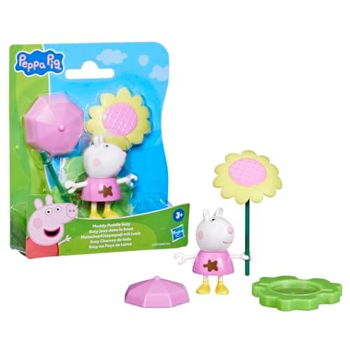 Image of Peppa Pig Muddy Puddle Suzy Figure with Umbrellas and Flower Accessories, Preschool Toy for Girls and Boys from 3 Years