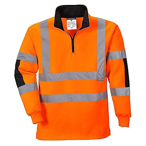Image of Portwest B308 Xenon Hi-Vis Rugby Shirt Mens Workwear Long Sleeve Reflective Tape Quarter Zip Pullover Jumper Sweatshirt Construction Rail Highway Worker Safety Top, Orange, M