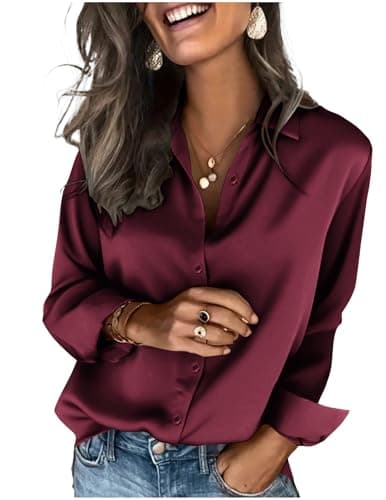 Image of Zeagoo Women Satin Blouse Classic Long Sleeve Button Down Shirt Elegant V Neck Blouses Casual Office Work Tops Soft Comfortable Wine Red M