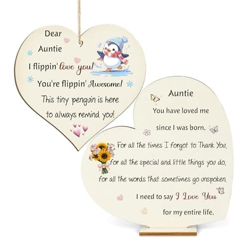 Image of Auntie Gifts Birthday Wooden Sign Hanging Ornament 2PC Set Aunty Christmas Presents Wood Heart Plaques Aunt Family Mothers Day for Women Thank You I Love You Retirement Appreciate Souvenirs
