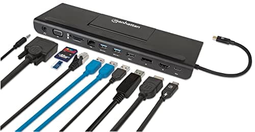 Image of Manhattan USB-C Dock/Hub with Card Reader and MST, Ports (x9): Audio 3.5mm, DisplayPort, Ethernet, HDMI, USB-A (x3), USB-C and VGA, With Power Delivery to USB-C Port (100W), Cable 20cm, Black