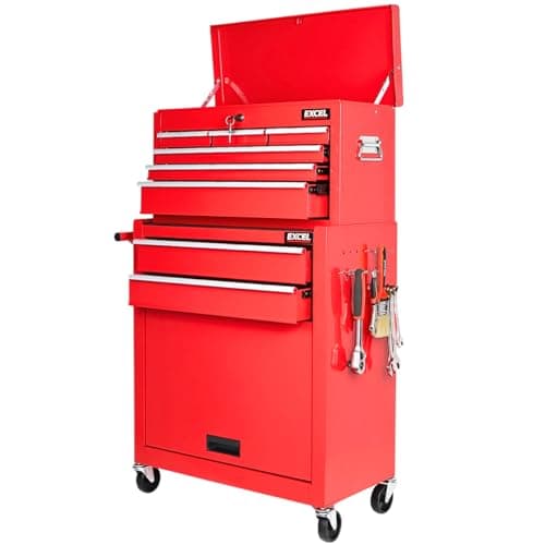 Image of Excel Roller Tool Chest Cabinet 8 Drawers Storage Toolbox Red - Rolling Toolbox with Wheels, Handle, Pegboard, Hooks, Lockable Design - Heavy-Duty Steel Construction