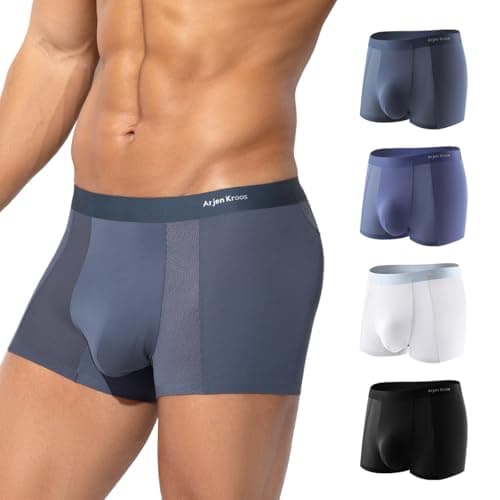 Image of Casey Kevin Mens Boxers Shorts Multipack Ice Silk Modal Underwear Breathable Soft Trunks Microfibre Thin Mesh Pants Sexy Underpants Pack of 4,Black White Dark Blue Light Blue,M