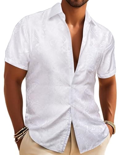 Image of Barry.Wang Men's Silk Shirt Paisley Floral Short Sleeve Button Down Dress Shirts Formal Casual Wedding Party White Paisley