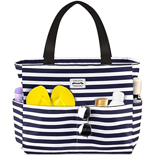 Image of HOMESPON Large Waterproof Beach Tote Bag for Women with Zip and Pockets Foldable Handbag for Travel Pool Shopping Holiday Gym-Blue Stripes
