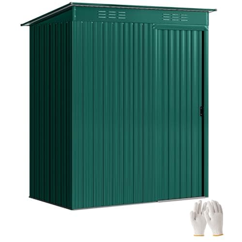 Image of Outsunny 5 x 3.5ft Metal Garden Storage Shed with Effortless Assembly and 2 Pairs of Gloves, Waterproof Outdoor Shed with Sliding Door, Vents and Pent Roof for Furniture Tools Bike Storage, Green