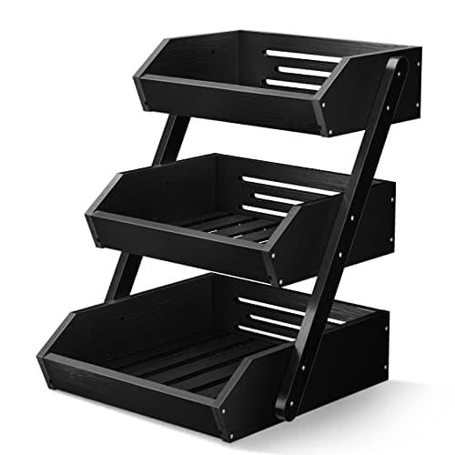 Image of G.a HOMEFAVOR 3-Tier Bamboo Fruit Basket Bowl Holder, Bread Vegetables Storage Stand for Kitchen Countertop, Snacks Rack in Home Kitchen and Office, Black