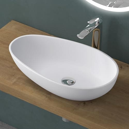 Image of Mai & Mai Bathroom Oval Matt White Countertop Wash Basin | Cast Stone Resin Sink | Solid Surface Design | WDH: 60x36x14cm Col809