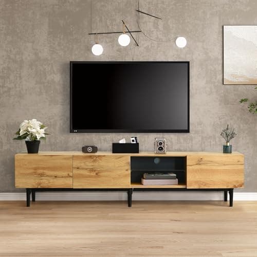 Image of BTM Modern TV Cabinet with Adjustable LED Lighting, Large Storage Space, Wood-Grain Finish & Minimalist Design – Entertainment Center for Living Room, Media Console with 3 Cabinets