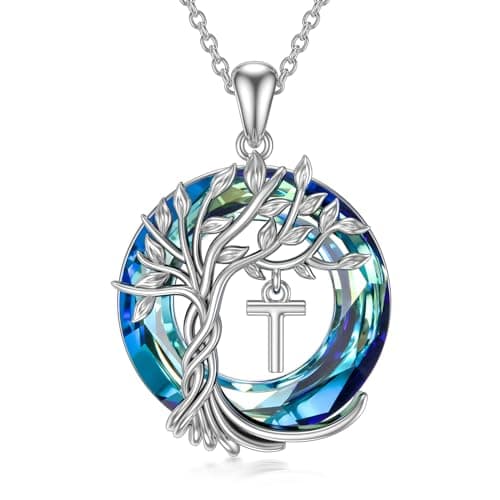 Image of TOUPOP Tree of Life Gifts Initial Letter T Necklace 925 Sterling Silver Tree of Life Pendant Blue Crystal Family Irish Jewellery Anniversary Birthday Gifts for Women Her Ladies Wife Mum Daughter