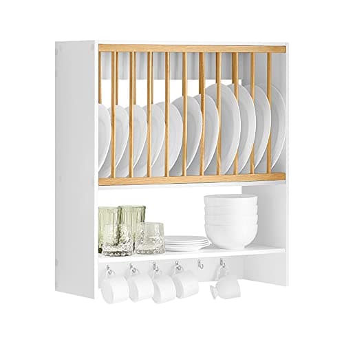 Image of SoBuy Wall Mounted Kitchen Plate Rack, Wall Cabinet for Plate Storage with Hooks, Wooden Kitchen Storage Shelf Uint, Cup Holder Organiser, White, W64 x D24 x H71 cm, KCR09-W