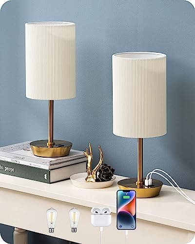 Image of EDISHINE Bedside Lamps Set of 2, Touch Table Lamps with 2 USB Ports, Round Pleated Shade, 3 Way Dimmable Lamp for Bedroom, Living Room, Home Office, Gold (Bulb Included)