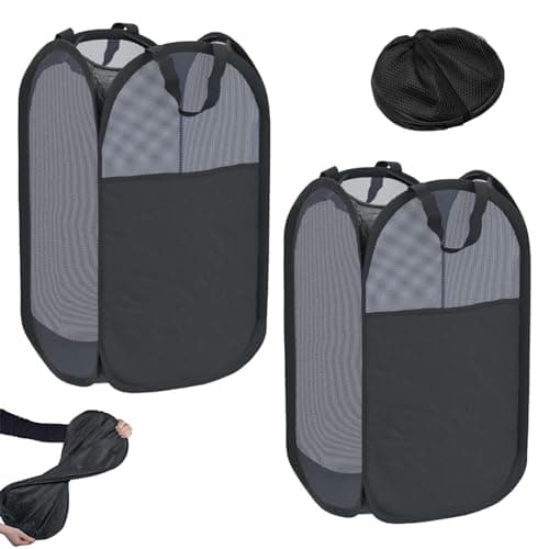 Image of 2PCS Black Collapsible Washing Basket, Mesh Folding Laundry Basket, 75L Large Washing Basket Collapsible, Pop Up Laundry Basket Bin with Side Pocket for Bedroom and Bathroom Clothes Tidy Storage