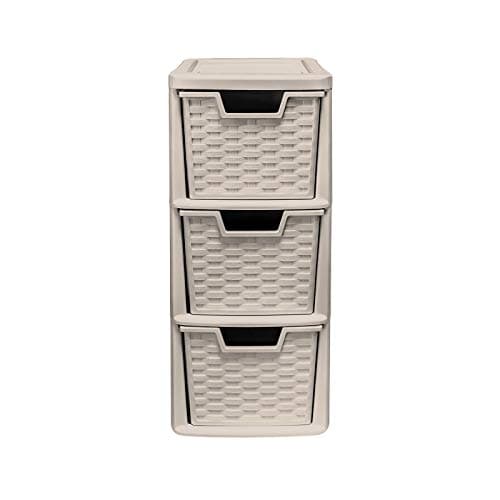 Image of 3 Drawer Medium Rattan Tower Unit - Mushroom, Single Unit - 47cm (H) x 19cm (W) x 26cm (D)
