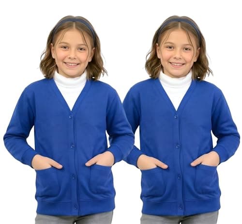 Image of GW CLASSY OUTFIT Girls School Cardigan (Pack of 2) Kids Fleece Schoolwear Button Cardigan Uniform Sweatshirts Age 4 5 6 7 8 9 10 11 12 13 14 Years (7-8 Years, 2X Royal Blue)