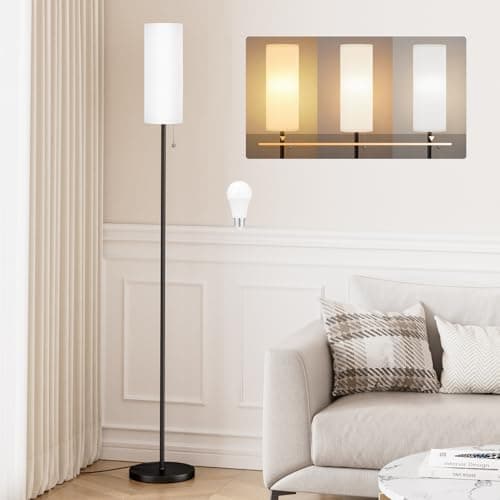 Image of Aooshine White Floor Lamp for Living Room with 3 Color Temperatures Bulb, 64" Standing Lamps with Linen Lampshade for Bedroom, Minimalist Pole Lamp, White Shade & Black Pole(Bulb Included)