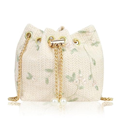 Image of WisePoint Floral Bucket Bag, Exquisite Woven Bag with Detachable Metal Chain, Lightweight Cross Body Bag Women for Shopping, Travel, Dating and as a Gift (White 1PC)