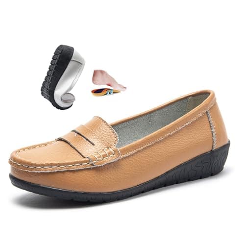 Image of Women's Orthopedic Loafers in Breathable Leather, Wide Fit Leather Loafers Classic Moccasins Driving Work Office Nursing Shoes (Khaki,6)