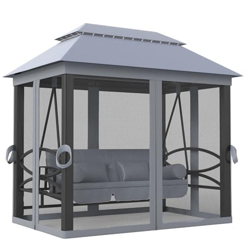 Image of Outsunny 3 Seater Garden Swing Chair, 3-in-1 Convertible Garden Swing Seat Bed, Outdoor Gazebo Patio Bench with Double Tier Canopy, Cushions & Mesh Curtains, Grey