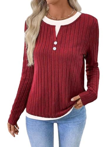 Image of Awinclo Ladies Top Size Large Oversized Autumn Clothes Long Sleeve Crewneck Color Block Jumper with Buttons Sweater Longline Tunic Sweatshirt for Women UK Red Medium