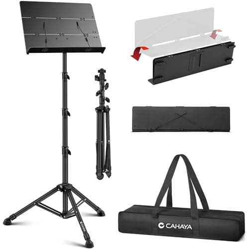 Image of CAHAYA Foldable Sheet Music Stand Heightened to 170CM - Matte Black Material Not Easy to Leave Fingerprints and Three Fold Panel for Portability and Horse Shoe for Enhanced Stability with Bag