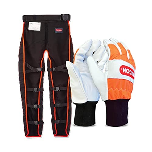 Image of OREGON Universal Type A Chainsaw Safety Leggings, Adjustable Protective Chaps Trousers - Front Protection Only (575780) & Large Chainsaw Protection Gloves