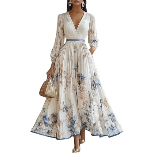 Image of BUhuiBabubu Long Sleeve Dress Women UK - Ladies Flowy Party Dresses 2026 V-Neck Puff Sleeve Empire Waist Floral Dresses Elegant Wedding Guest Maxi Dress UK Size 10 12 14 16 18 20,White,M,u303k