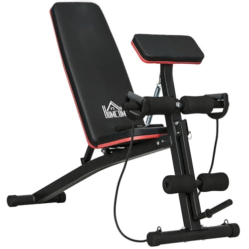 Image of HOMCOM Foldable Weight Bench, Strength Training Sit Up Bench, Incline Decline Bench with 7-Level Backrest, Leg Extension Machine, Preacher Pad and Resistance Band for Home Gym Workout, Red