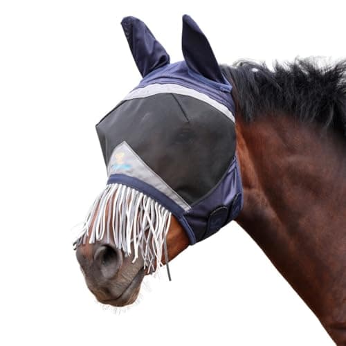 Image of Shires Fine Mesh Fly Mask with Nose Fringe - Navy Blue
