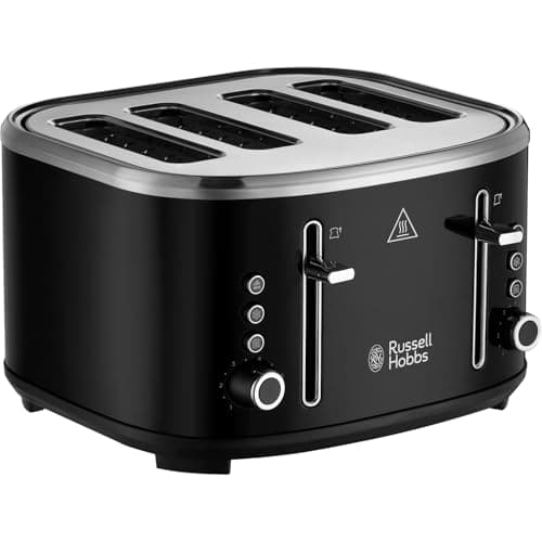 Image of Russell Hobbs 4 Slice Toaster (Independent & Extra wide slots, 6 Browning levels, Frozen, cancel & reheat features with blue indicator light, removable crumb tray, Black) Stylevia 26292