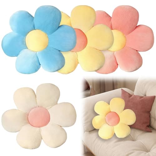 Image of Rthynti Flower Pillow, Daisy Cushion, 4PCS Flower Cushion, Flower Shaped Throw Pillow Decorative for Car Home Sofa Chair and Floor (Yellow, Pink, White, Blue)