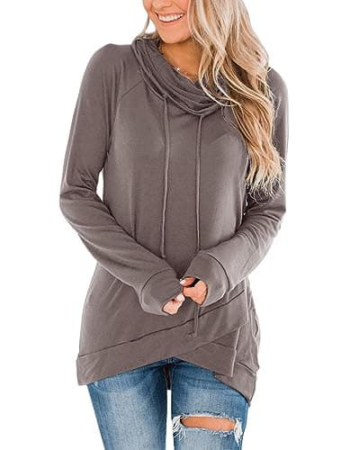 Image of Fallorchid Womens Cowl Neck Tunic Tops Long Sleeve Pullovers Casual Drawstring Sweatshirts, Coffee Gray, XXL