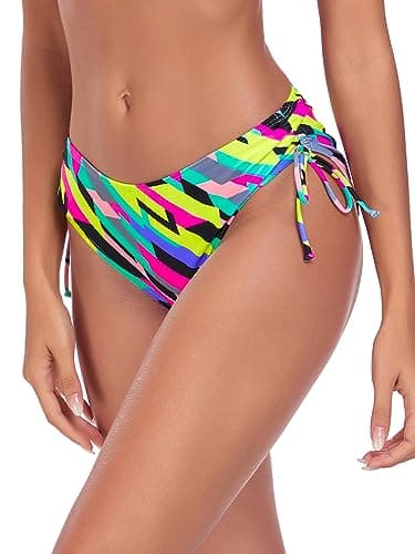 Image of Ocean Blues Women's Neon Striped Drawstring Bikini Bottoms Full Coverage Swim Bottom Size Medium