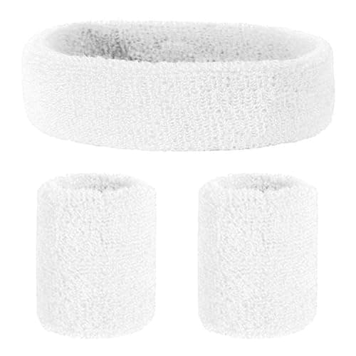 Image of 3 Pcs Headband Wristband Set, Sports Headband Wristbands, Cotton Sweat Band for Sports, Sweatbands Set for Athletic Men and Women(1 Headband + 2 Wristbands,White)